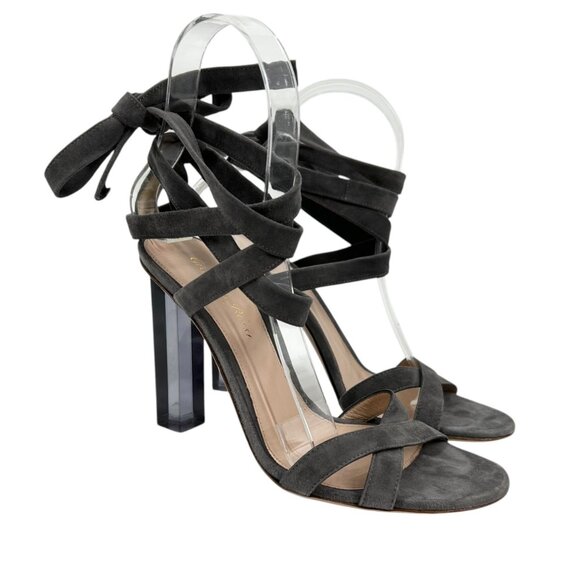 Gianvito Rossi Taupe Suede Ankle Wrap Lucite Heeled Sandals - Picture 1 of 8